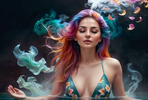 Big half moon in the background. Beatiful steam-like woman with colorful flowy hair and body resembling steam in water, meditating in lotus position and floating in the air wearing sexy pajamas, work of beauty and complexity,  ghostcore, prismatic glow elements, fluidity, detailed face, 8k UHD ,A girl dancing,  alberto seveso style, flower petals flying with the wind