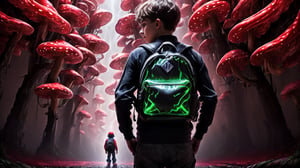 Higher ground, vivid mushrooms, fluorescent red, a young boy with a bagpack