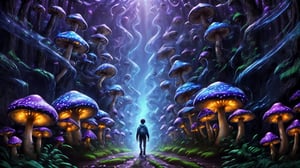 Higher ground, a forest of big vivid mushrooms, fluorescent blue style, a path to a door, a young boy with a bagpack