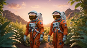 (best quality,8K,highres,masterpiece:1.2)An astronaut in an orange astronaut outfit, standing against a sunset background. The astronaut is positioned front facing and is shown from the waist up. The sunset provides a warm and vibrant color palette. The scene is surrounded by lush plants, adding a touch of nature to the composition. The image quality is top-notch and high-resolution, with ultra-detailed features. The style of the artwork is realistic, with vivid colors and professional craftsmanship. The lighting accentuates the astronaut's figure, creating a captivating atmosphere