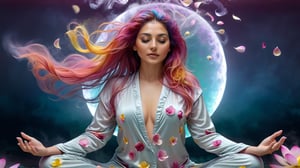 Beautiful steam-like voluptuous woman with colorful flowy hair and body resembling steam in water, meditating in lotus position and floating in the air wearing sexy pajamas with big half moon in the background. Flower petals blow in the wind. work of beauty and complexity,  ghostcore, prismatic glow elements, fluidity, detailed face, 8k UHD ,A girl dancing,  alberto seveso style, flower petals flying with the wind