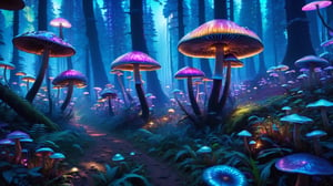 (best quality,8K,highres,masterpiece), Iridescent mushroom forest, threatening, aliens, extremely detailed,