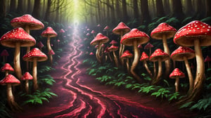 Higher ground, a forest of big vivid mushrooms, fluorescent red style, a path to a door, a muchroom man walking along