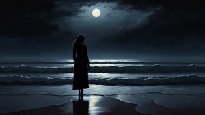 (best quality,8K,highres,masterpiece), ultra-detailed, silhouette of a woman standing at the edge of the beach, capturing a moody, sad dark atmosphere. The artwork is set against a black background, with dark paintbrush strokes creating a sense of depth and emotion. A striking contrast of red over black adds a dramatic element, symbolizing the intensity of her emotions. The scene is both haunting and beautiful, conveying a powerful story of solitude and contemplation amidst the vast, dark expanse of the beach under a shadowy sky.