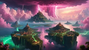 MAP, FANTASY RPG, SKY, PINK CLOUDS, GREEN LIGHTNING, floating islands,  ,greg rutkowski,DonMC3l3st14l3xpl0r3rsXL, (style of Ivan Aivazovsky:0.6)