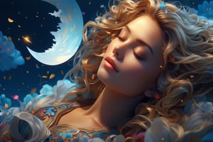 beautiful woman with long flowy blond hair blowing with the wind, colorful floral tattoos covering her body, sleeping, work of beauty and complexity with intricate elements that differentiate this imagine from other, 8k UHD, jason naylor style, colorful rendition, curvy_hips, EpicSky,Cubist artwork ,3d style, sunset sky,  amber glow 