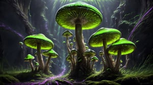 Higher ground, big vivid mushrooms, fluorescent green