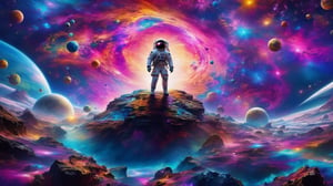 (best quality,8K,highres,masterpiece), ultra-detailed, (photoreal, cosmic, vibrant), an astronaut transformed into a planet floats in the vibrant abyss of space, surrounded by a dazzling cosmic ocean of galaxies and nebulae forming vivid and unique constellations. The bubbles surrounding the astronaut burst with an explosion of super colorful fragments, representing the vibrant knowledge and secrets of the universe. Captured with an 18 mm wide-angle camera, the 8K photorealism creates an image that not only evokes amazement at the immensity of the cosmos but also dazzles with a super colorful and awe-inspiring display.