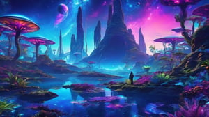 (best quality,8K,highres,masterpiece), ultra-detailed, (cosmic adventure), where an intrepid astronaut explores an alien world bathed in surreal, bioluminescent flora. The interplay of cosmic light and exotic plants creates a mesmerizing and otherworldly landscape.