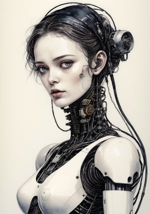 The image is a drawing of a robotic humanoid with mechanical parts and wires, in a futuristic setting.dark background, ink ,watercolor \(medium\),oil painting,lineart,Pencil Draw