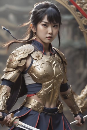 A full athletic body beatiful asian young girl photograph with realistic style portrays, human warrior, in ultra-realistic detail. The composition imitates a cinematic movie, The intricate details, sharp focus, 
Realistic,SDXL,ModelBase,Style,photo r3al, 16k,Enhanced All, ,Masterpiece,hinata(boruto),girl,Gold,style,Decora_SWstyle