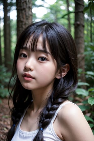 (((deep in the woods))),(looking at the audience),(((Photos that focus on faces))), (((focus on the face))),
人：1 korean little girl,
髮：(bangs),(long hair),(((hair weaving))),
服：((low-cut)),(sleeveless spaghetti straps),