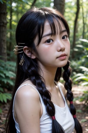 (((deep in the woods))),(looking at the audience),(((Photos that focus on faces))), (((focus on the face))),
人：1 korean little girl,
髮：(bangs),(long hair),(((hair weaving:1.4))),
服：((low-cut)),(sleeveless spaghetti straps),