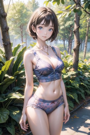 主：(((deep in the woods))),(looking at the audience),(((only the face enters the shot))), 
人：1litte 1kid 7yo gril (Child:1.2),
體：(Beautiful little girly body proportions),(smaller body frame),
髮：(((short hair))),
服：(((Sleeveless spaghetti strap sheer tank top that sticks to the skin and allows the body to be seen))),(((Patterned cotton underwear))),(((deep V neckline))),