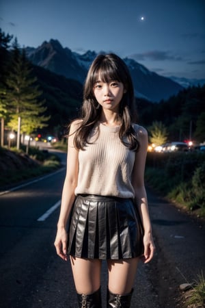 (((Mountain forest at night))),(looking at the audience),(((standing))),
人物：(((a korean young girl))),Beautiful oval face,
頭髮：(bangs),(long hair),
服飾：(Low-cut sleeveless sweater with extended hem:1.3), (embroidered pleated skirt), (black boots),