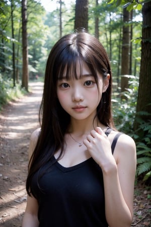 (((deep in the woods))),(looking at the audience),(((Photos that focus on faces))), (((focus on the face))),
人：1 korean little girl,
髮：(bangs),(long hair),
服：((low-cut)),(sleeveless spaghetti straps),