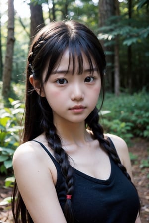 (((deep in the woods))),(looking at the audience),(((Photos that focus on faces))), (((focus on the face))),
人：1 korean little girl,
髮：(bangs),(long hair),(((hair weaving))),
服：((low-cut)),(sleeveless spaghetti straps),