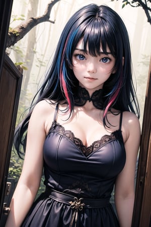 主：(Deep in the woods),(photo of upper body from thighs up),
人：korean woman,
優：With a very high artistic composition style,in the style of hyperrealistic paintings, 32k uhd, dark white and light white, anime art, exaggerated facial features, mural painting,HD uncensored,
髮：(long hair),  (((bangs))), 
特：(((Colorful and magical doomsday city))),
(masterpiece, highest quality, extreme detailed, best quality, official art, beautiful and aesthetic:1.2), (1girl), extreme detailed,(fractal art:1.3),colorful,highest detailed,High detailed,With a very high artistic composition style,
服：(((Spaghetti strap sleeveless sheer shirt made of tulle))),(dress style),