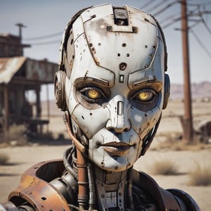 portrait of a female-like robot, bald, weathered, slighty rusted, battered and patched, Borderlands art style, cell-shaded, post-apocalyptic, outdoors