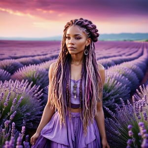 Realistic and Stunning woman dressed in purple and wearing boho clothes, long pink and purple dreadlocks and braids, stunning woman standing in the middle of a sea of ​​lavender, shades of violet blend with the purple hues of the surrounding flowers, high contrast between subject and background, lavender field stretching to the horizon, soft focus background, , natural light, ultra-fine and dramatic lighting.Realistic lighting, highly detailed