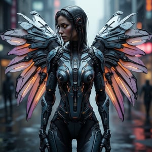 "A full-body shot of a powerful cyborg woman, adorned in a futuristic, high-tech winged suit, standing amidst a neon-lit cyberpunk cityscape. Her suit is a seamless blend of sleek metallic armor and advanced nanotechnology, with panels that shift and adapt to her movements. The wings are vast and articulated, combining mechanical structure with metallic, feather-like blades, each feather emitting a soft, pulsing glow of blue and purple hues. Fine circuitry and glowing conduits run through her armor, connecting intricate joints and servos that enhance her strength and agility.

The scene is captured with the precision of macro photography, highlighting the intricate engravings, microchips, and reflective surfaces on her armor. The suit displays wear and tear, with small scratches and battle scars adding a sense of realism. Her expression is focused, with glowing cybernetic eyes that pierce through the dimly lit, rainy urban environment.

The lighting is reminiscent of a professional studio setup, creating dramatic contrasts and reflections that accentuate the textures and materials of her suit. Rays of neon lights from the bustling city below cast dynamic highlights on her wings, giving them a luminous edge. The background, slightly blurred, features towering skyscrapers adorned with holographic advertisements and rain-soaked streets, creating a sense of depth without detracting from the detailed foreground. This image is infused with the essence of CGSociety's art style, with the realism and complexity of an Unreal Engine 5 render."