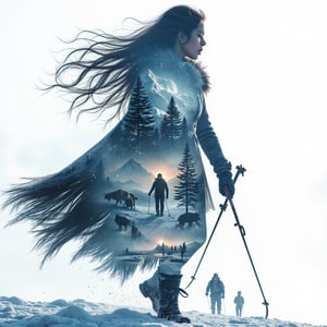 Create a majestic 8K resolution 3D double exposure artwork featuring a silhouette of Skadi, the Norse goddess of winter, skiing, and hunting, set against a backdrop of snow-covered mountains and icy fjords. Within Skadi's form, incorporate:

Her fierce, determined expression adorned with a winter cloak and fur-lined boots
A pair of skis and a bow, symbolizing her prowess in both winter sports and hunting
Flowing hair that blends into the snowy landscape
Inside Skadi's silhouette, depict scenes of winter wilderness, hunting expeditions, and serene snowy landscapes:

Hikers and hunters navigating through snow-covered forests and mountainous terrains
Wildlife such as reindeer and wolves thriving in the icy environment
Frozen lakes and sparkling snowflakes creating a tranquil yet formidable winter scene
Use a color palette that blends:

Icy blues and crisp whites representing winter and cold
Deep silvers and grays symbolizing strength and resilience
Hints of emerald green for evergreen forests and natural beauty
The overall composition should convey strength and harmony with nature, emphasizing Skadi's role as a formidable goddess who thrives in the harshest winter conditions. Incorporate artistic styles inspired by Norse saga illustrations and contemporary alpine art, with crisp, shimmering lighting effects to enhance the majestic and serene atmosphere. Subtly integrate Norse runes and winter motifs throughout the artwork, symbolizing endurance, hunting prowess, and the beauty of winter.