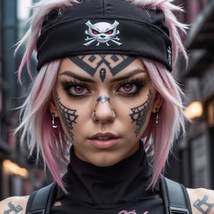 Detailed image/A beautiful cybergothic woman, light brown eyes, with white and pink hair, angry wearing a low-cut black suit, with black tattoos, with piercings, wearing a ninja mask, wearing a black cap, wearing piercings on her face, in a dark city, high quality and full ultra hd 4k resolution