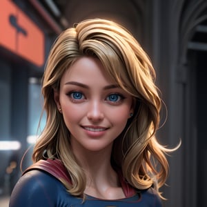 real, atmospheric scene, masterpiece, best quality, (detailed face, detail skin texture, ultra-detailed body),(cinematic light),, 1girl, s0p3r6m3l1s4-smf, solo, realistic, blonde hair, blue eyes, long hair, superhero, lips, upper body, smile, closed mouth, bodysuit, teeth, grin,cyberpunk,girl