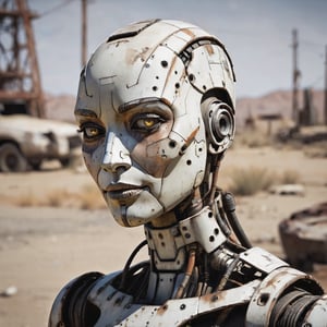 portrait of a female-like robot, bald, weathered, slighty rusted, battered and patched, Borderlands art style, cell-shaded, post-apocalyptic, outdoors