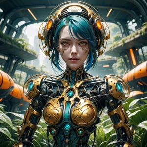 Cinematic results, colorful picture of a beautiful cyborg with short flowy blue hair,  she is wearing an intricate brocade dress gold jewelry,  she is surrounded by nature in a futuristic utopian city, work of beauty and complexity, dynamic pose, 8kUHD , ultradetailed face  ,DonMG414, surreal vibe, flowers, amber glow,