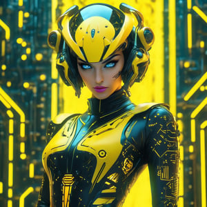 a woman dressed is a yellow and black dress with a helmet, in the style of cyberpunk realism, zbrush, argus c3, made of insects, industrial machinery aesthetics, shiny eyes, high definition,photo r3al