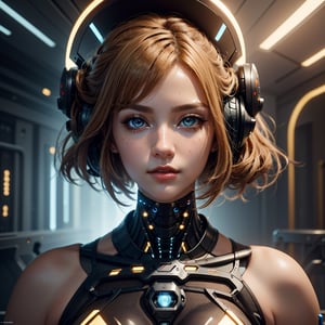 (high resolution, masterpiece: 1.2), ultra-detailed, realistic, physics-based representation, cyborg woman, electronic systems in the humanoid head, with a detailed brain that can be seen, representation of mechanical parts of the skull, female face, beautiful detailed eyes, golden blonde hair, beautiful detailed lips, muscle wire, flesh-colored skin, metallic elements, digital interface, shiny circuits, advanced sensors, high-tech prosthetics, seamless integration, artificial intelligence, technological improvements, wearable technology, modern aesthetics , bionic enhancements, advanced biotechnology, elegant and futuristic design, combination of humans and machines, symbolic representation of human evolution, harmonious coexistence of organic and synthetic components, vivid colors, dynamic lighting.