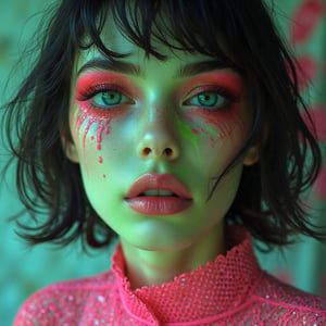 A snapshot of a retro-futuristic, sci-fi, surreal, psychedelic, neon green, pink, polka-dot pattern, exaggerated features, eerie, smooth texture, animalistic eyes, abstract background, 1970s aesthetic, porcelain skin, bleeding makeup, space-age.