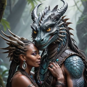 A breathtaking digital portrait depicting the harmonious embrace of a shaman and a mighty, huge, black mother-of-pearl dragon, with lively eyes, relief scales, luminous points on the skin. The woman, an exotic witch of braids, feathers, jewelry, jewelry, mysteriously gazes at the dragon's face. The dragon with piercing gray eyes leans closer, sharing a deep connection with the woman. The background is a hazy landscape, drawing attention to the powerful connection between two objects, photography, cinema, dark fantasy.

,DRG,photorealistic