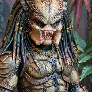 a close up of a statue of a predator, predator movie, yautja, still from the movie predator, predator film, predator 2, predator alien, with scaly-looking armor, hot reptile humanoid woman, the queen of blades, shanina shaik as medusa, queen of blades, predator, avp, but the armor covers her face