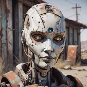 portrait of a female-like robot, bald, weathered, slighty rusted, battered and patched, Borderlands art style, cell-shaded, post-apocalyptic, outdoors