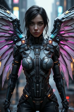 "A full-body shot of a powerful cyborg woman, adorned in a futuristic, high-tech winged suit, standing amidst a neon-lit cyberpunk cityscape. Her suit is a seamless blend of sleek metallic armor and advanced nanotechnology, with panels that shift and adapt to her movements. The wings are vast and articulated, combining mechanical structure with metallic, feather-like blades, each feather emitting a soft, pulsing glow of blue and purple hues. Fine circuitry and glowing conduits run through her armor, connecting intricate joints and servos that enhance her strength and agility.

The scene is captured with the precision of macro photography, highlighting the intricate engravings, microchips, and reflective surfaces on her armor. The suit displays wear and tear, with small scratches and battle scars adding a sense of realism. Her expression is focused, with glowing cybernetic eyes that pierce through the dimly lit, rainy urban environment.

The lighting is reminiscent of a professional studio setup, creating dramatic contrasts and reflections that accentuate the textures and materials of her suit. Rays of neon lights from the bustling city below cast dynamic highlights on her wings, giving them a luminous edge. The background, slightly blurred, features towering skyscrapers adorned with holographic advertisements and rain-soaked streets, creating a sense of depth without detracting from the detailed foreground. This image is infused with the essence of CGSociety's art style, with the realism and complexity of an Unreal Engine 5 render."