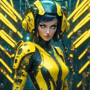 a woman dressed is a yellow and black dress with a helmet, in the style of cyberpunk realism, zbrush, argus c3, made of insects, industrial machinery aesthetics, shiny eyes, high definition,photo r3al