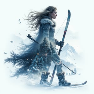 Create a majestic 8K resolution 3D double exposure artwork featuring a silhouette of Skadi, the Norse goddess of winter, skiing, and hunting, set against a backdrop of snow-covered mountains and icy fjords. Within Skadi's form, incorporate:

Her fierce, determined expression adorned with a winter cloak and fur-lined boots
A pair of skis and a bow, symbolizing her prowess in both winter sports and hunting
Flowing hair that blends into the snowy landscape
Inside Skadi's silhouette, depict scenes of winter wilderness, hunting expeditions, and serene snowy landscapes:

Hikers and hunters navigating through snow-covered forests and mountainous terrains
Wildlife such as reindeer and wolves thriving in the icy environment
Frozen lakes and sparkling snowflakes creating a tranquil yet formidable winter scene
Use a color palette that blends:

Icy blues and crisp whites representing winter and cold
Deep silvers and grays symbolizing strength and resilience
Hints of emerald green for evergreen forests and natural beauty
The overall composition should convey strength and harmony with nature, emphasizing Skadi's role as a formidable goddess who thrives in the harshest winter conditions. Incorporate artistic styles inspired by Norse saga illustrations and contemporary alpine art, with crisp, shimmering lighting effects to enhance the majestic and serene atmosphere. Subtly integrate Norse runes and winter motifs throughout the artwork, symbolizing endurance, hunting prowess, and the beauty of winter.