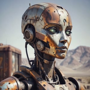 portrait of a female-like robot, bald, weathered, slighty rusted, battered and patched, Borderlands art style, cell-shaded, post-apocalyptic, outdoors