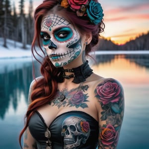 Get ready to be amazed by a visually descriptive and detailed image of a realistic sugar skull woman, adorned with steampunk elements, posing in front of a frozen lake with her vibrant tattoo sleeves on full display.



,Extremely Realistic,More Reasonable Details