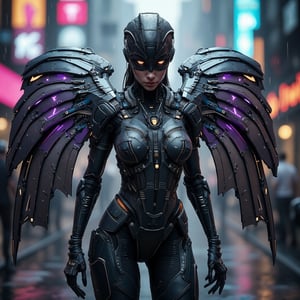 "A full-body shot of a powerful cyborg woman, adorned in a futuristic, high-tech winged suit, standing amidst a neon-lit cyberpunk cityscape. Her suit is a seamless blend of sleek metallic armor and advanced nanotechnology, with panels that shift and adapt to her movements. The wings are vast and articulated, combining mechanical structure with metallic, feather-like blades, each feather emitting a soft, pulsing glow of blue and purple hues. Fine circuitry and glowing conduits run through her armor, connecting intricate joints and servos that enhance her strength and agility.

The scene is captured with the precision of macro photography, highlighting the intricate engravings, microchips, and reflective surfaces on her armor. The suit displays wear and tear, with small scratches and battle scars adding a sense of realism. Her expression is focused, with glowing cybernetic eyes that pierce through the dimly lit, rainy urban environment.

The lighting is reminiscent of a professional studio setup, creating dramatic contrasts and reflections that accentuate the textures and materials of her suit. Rays of neon lights from the bustling city below cast dynamic highlights on her wings, giving them a luminous edge. The background, slightly blurred, features towering skyscrapers adorned with holographic advertisements and rain-soaked streets, creating a sense of depth without detracting from the detailed foreground. This image is infused with the essence of CGSociety's art style, with the realism and complexity of an Unreal Engine 5 render."