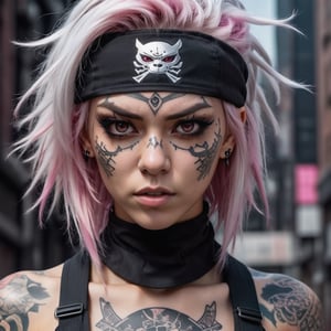 Detailed image/A beautiful cybergothic woman, light brown eyes, with white and pink hair, angry wearing a low-cut black suit, with black tattoos, with piercings, wearing a ninja mask, wearing a black cap, wearing piercings on her face, in a dark city, high quality and full ultra hd 4k resolution