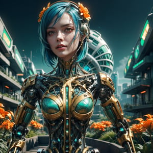 Cinematic results, colorful picture of a beautiful cyborg with short flowy blue hair,  she is wearing an intricate brocade dress gold jewelry,  she is surrounded by nature in a futuristic utopian city, work of beauty and complexity, dynamic pose, 8kUHD , ultradetailed face  ,DonMG414, surreal vibe, flowers, amber glow,