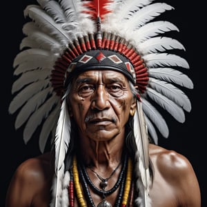 
old american indian with drooping facial skin big nose and mouth down wearing a long headdress white feathers with black tips and red and yellow details With a black and red white coral snake together, perfect composition, beautiful detailed intricate insanely detailed octane render trending on artstation, 8 k artistic photography, photorealistic concept art, soft natural volumetric cinematic perfect light, chiaroscuro, award - winning photograph, masterpiece, oil on canvas, raphael, caravaggio, greg rutkowski, beeple, beksinski, giger