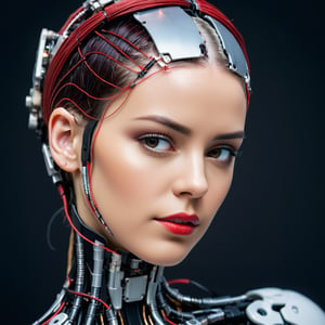 Arafed woman with a red thread and cables on her head., Detailed portrait of a cyborg, Portrait of a cyborg, Broken pretty female android!, highly detailed, cracked cybernetic body. biomechanical cyborg, Portrait of a cyborg queen, cyborg fashion model, Portrait of an android woman, cyborg girl, cyborg woman, cyborg - , Portrait of a cyberpunk cyborg,cyborg style