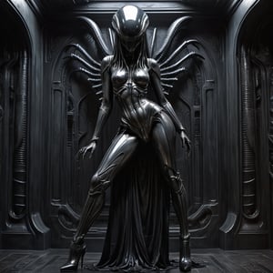 Sexy female Empress by H.R. Giger: bikini, transparent skirt, high heels and platform shoes. A woman with sinister allure re-emerges from a sinister background. An image that blurs the boundaries between seduction and terror. Her form merges with the surrounding darkness. Background wall in Giger style with biomechanical features, accentuated by chilling colours, ultra-clear and dramatic lighting, volumetric shadows creating a hauntingly beautiful and contrasting digital rendering.,xenomorph