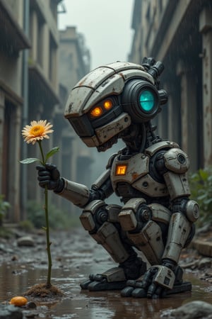 insanely detailed, masterpiece, best quality, 8k, ultra high res, High contrast and low saturation, Create an anime-style illustration of a robot in a rain-soaked ruin, kneeling with one knee, delicately holding a single flower (pinched between its fingers), and gazing at it with a forlorn expression. The robot, with endearing features and a less sleek appearance, exudes a sense of melancholy. Capture the atmosphere of desolation intensified by the rain, while the lone flower symbolizes hope or reflection, adding a touch of warmth and approachability to the character. 