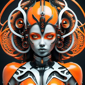 ma black and white, futuristic woman in an orange dress, in the style of highly stylized figures, cybergoth, naoto hattori, 8k 3d, botticelli-esque figures, shiny/glossy, luminescent color scheme,Ultra-detailed 3D digital art, high resolution, photorealistic rendering, sharp focus, high-quality background, ultra-detailed landscape, ultra-sharp focus, consistent style, unique and well-developed concept, Unreal Engine, intricate details, beautiful color grading, bright lights , symmetry.
