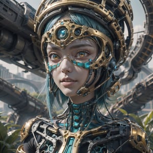 Cinematic results, colorful picture of a beautiful cyborg with short flowy blue hair,  she is wearing an intricate brocade dress gold jewelry,  she is surrounded by nature in a futuristic utopian city, work of beauty and complexity, dynamic pose, 8kUHD , ultradetailed face  ,DonMG414, surreal vibe, flowers, amber glow,